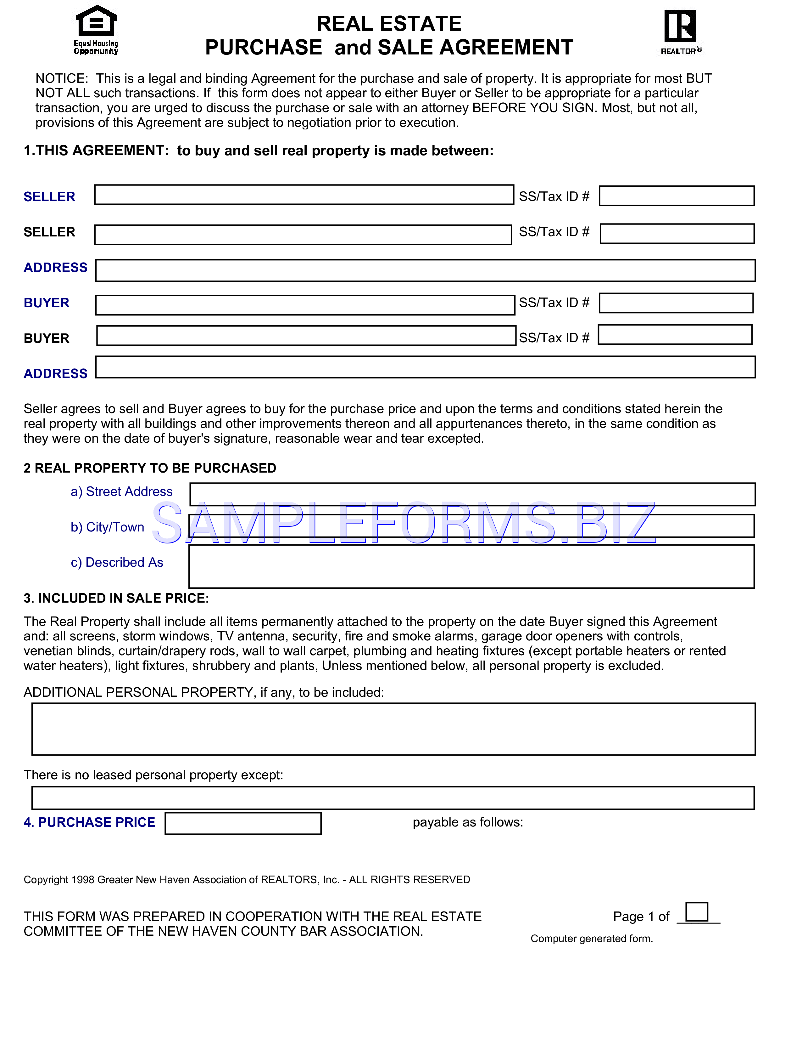 Preview free downloadable Connecticut Real Estate Purchase and Sale Agreement Form in PDF (page 1)